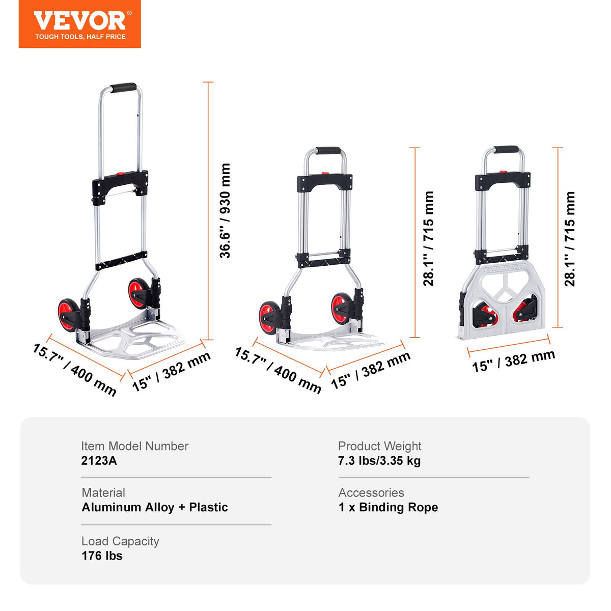 VEVOR Folding Hand Truck, 80 kg Load Capacity, Aluminum Portable Cart, Convertible Hand Truck and Dolly with Telescoping Handle and Rubber Wheels, Ultra Lightweight Super Strong for Moving Warehouse