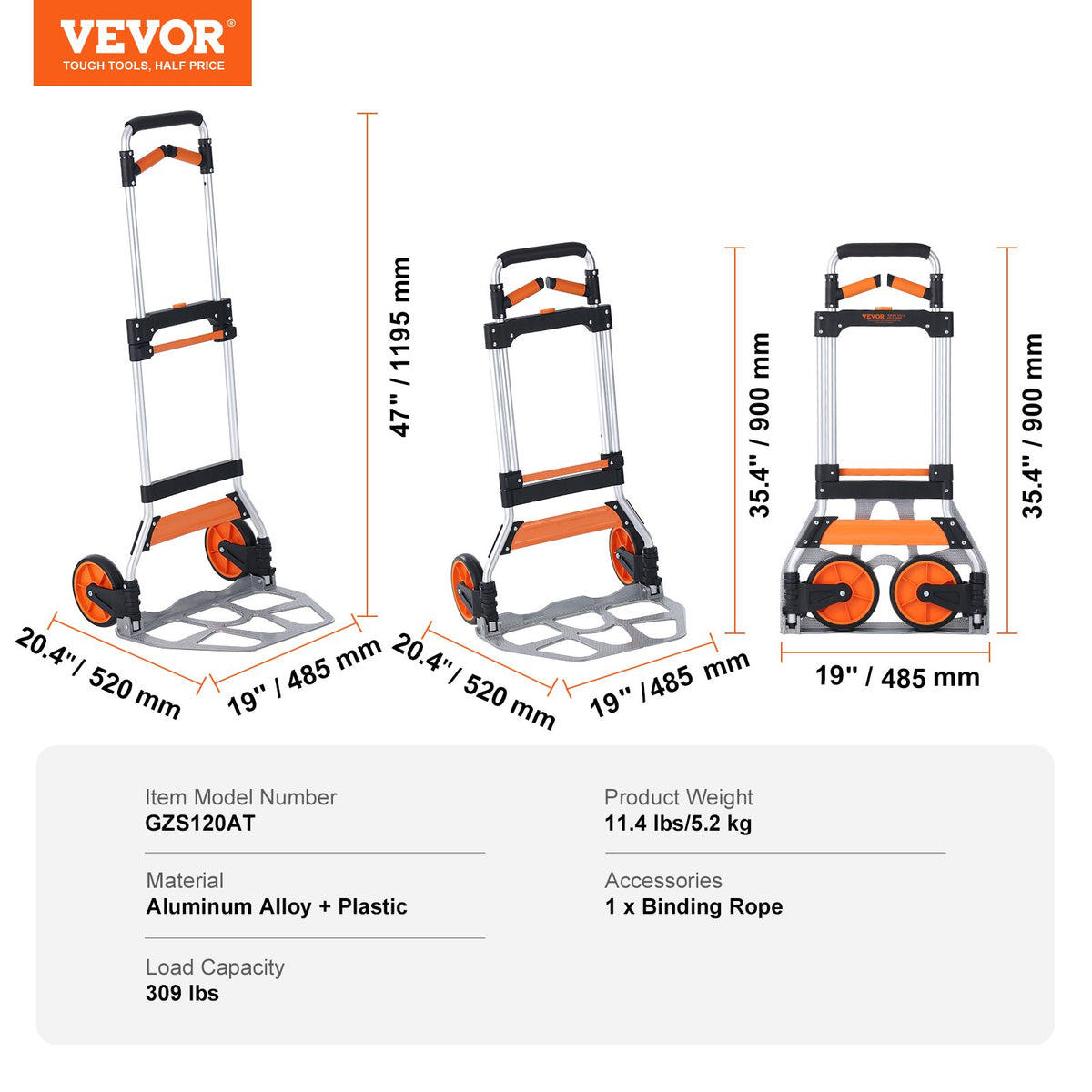 VEVOR Folding Hand Truck, 140 kg Load Capacity, Aluminum Portable Cart, Convertible Hand Truck and Dolly with Telescoping Handle and PP+TPR Wheels, Ultra Lightweight Super Strong for Moving Warehouse
