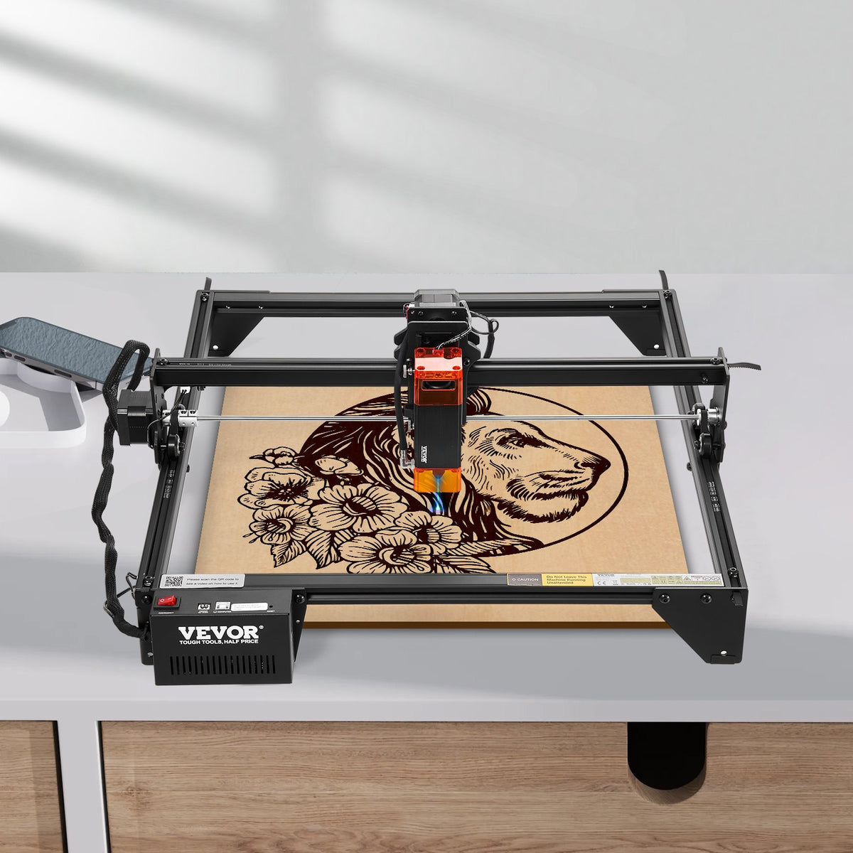 VEVOR Laser Engraver, 5W Output, Laser Engraving Cutter Machine, 14.9 x 15.7 in/38 x 40 cm Working Area, 10000 mm/min Movement Speed, Compressed Spot with Eye Protection, for Wood, Certain Metal