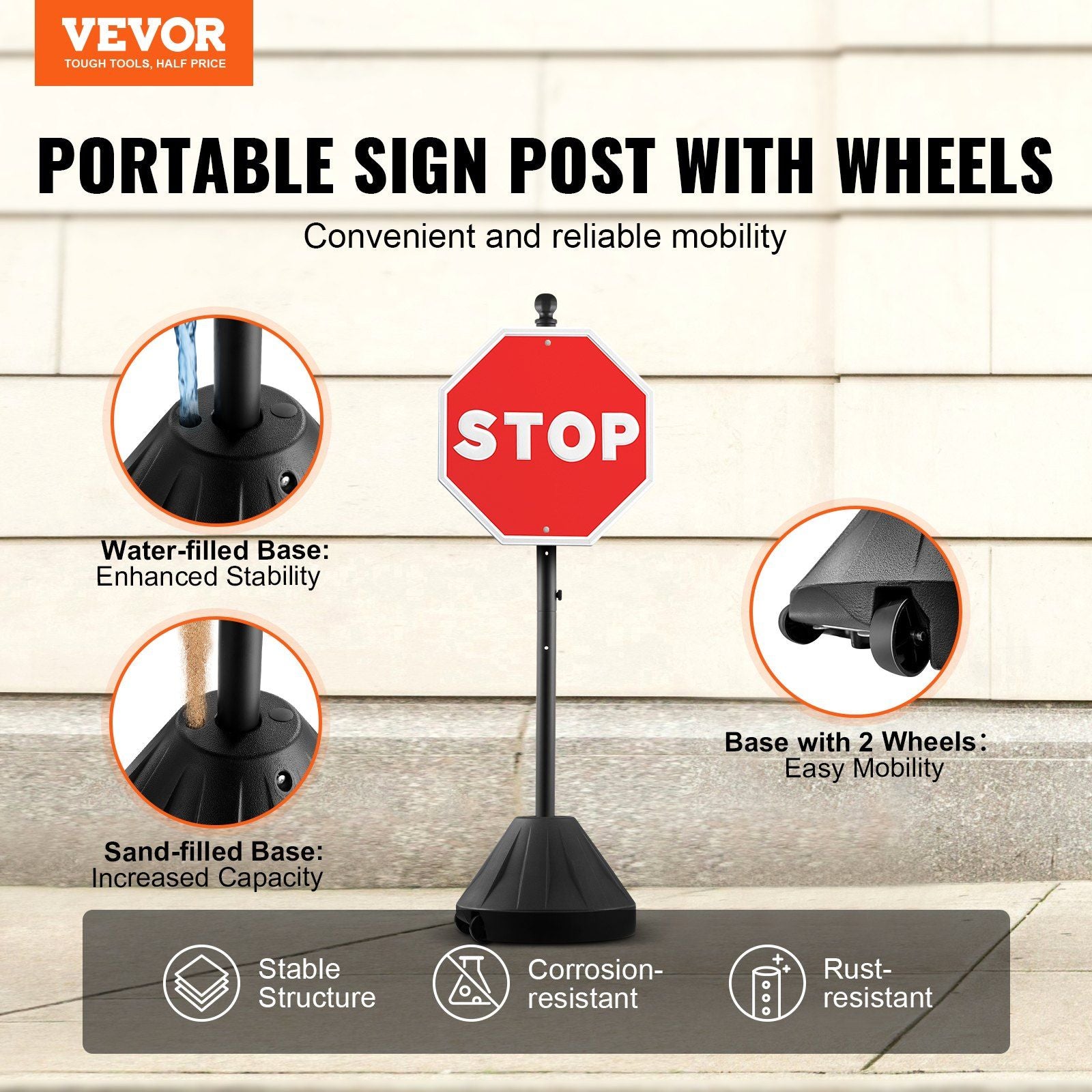 Portable Sign Post, 5 ft Cast Iron Sign Post Holder with Hard Plastic Base & Wheels,  Movable Parking Sign Stand for No Parking Street Signs, Handicap Parking Sign,  with Base, Bolts Nuts, Black