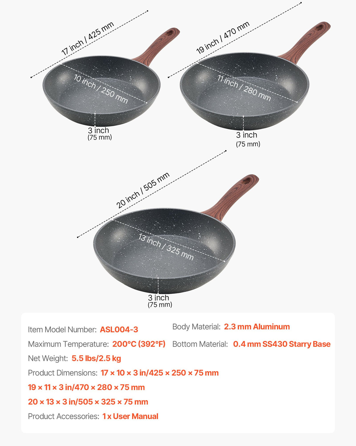 VEVOR Frying Pan Skillet, Aluminum Egg Fry Pans, 3 Piece Set (250, 280, 325 mm), Nonsitck Heavy-Duty Skillets with Heat-Resistant Handle, Chef's Kitchen Cookware, for Gas, Electric, Induction, Grey