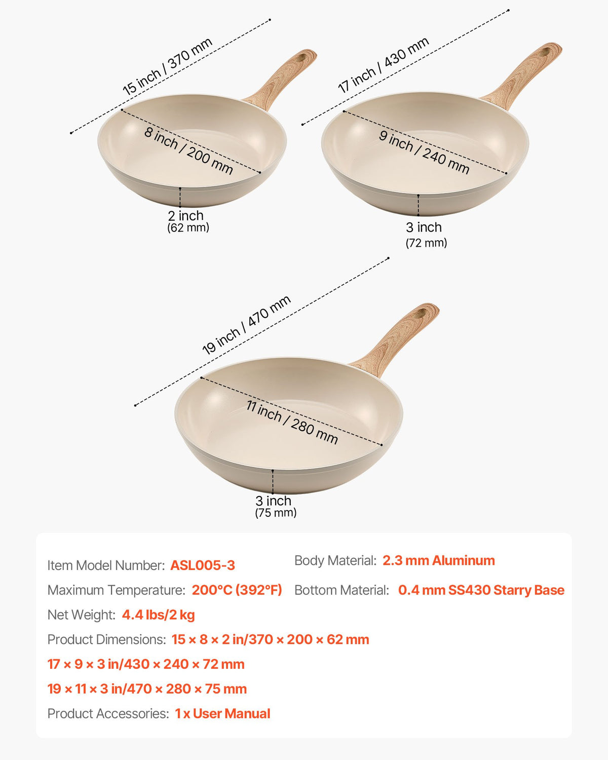 VEVOR Frying Pan Skillet, Aluminum Egg Fry Pans, 3 Pcs (200, 240, 280 mm), Nonsitck Ceramic Heavy-Duty Skillets with Heat-Resistant Handle, Chef's Kitchen Cookware for Gas, Electric, Induction, Beige