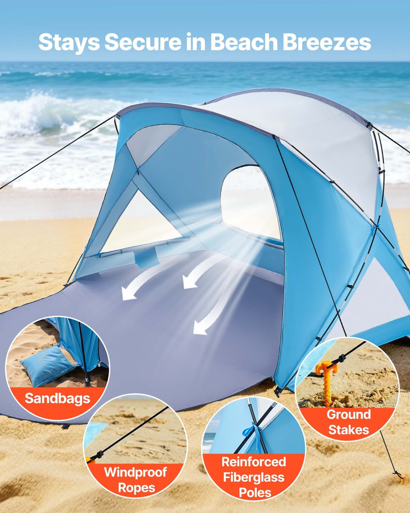 Beach Tent Sun Shelter for 6 Person, UPF 50+ Protection, Portable Sun Shade Canopy with Carrying Bag & Sand Pockets, Lightweight and Easy Setup Beach Umbrella for Family Camping Outdoor Picnic