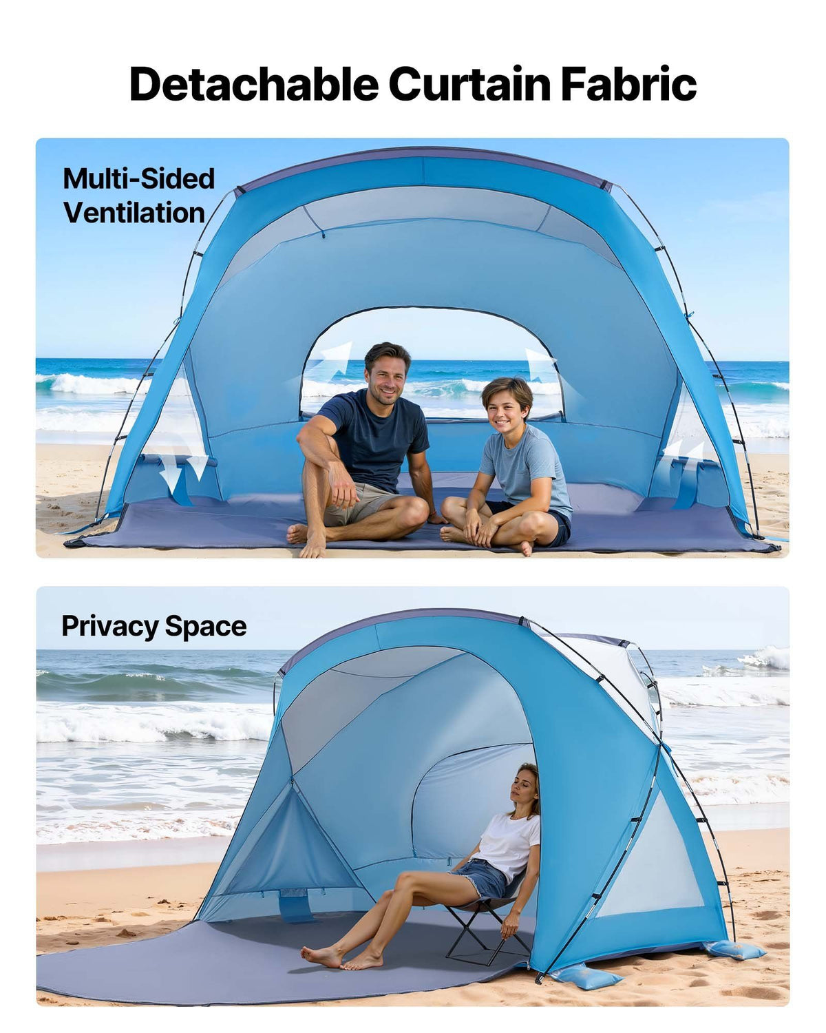 Beach Tent Sun Shelter for 6 Person, UPF 50+ Protection, Portable Sun Shade Canopy with Carrying Bag & Sand Pockets, Lightweight and Easy Setup Beach Umbrella for Family Camping Outdoor Picnic