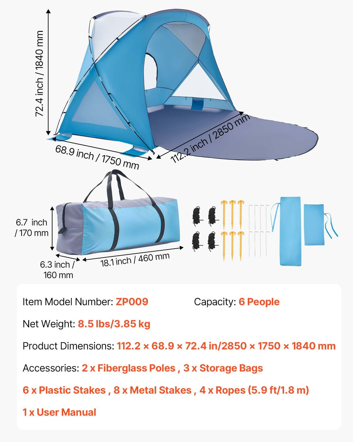 Beach Tent Sun Shelter for 6 Person, UPF 50+ Protection, Portable Sun Shade Canopy with Carrying Bag & Sand Pockets, Lightweight and Easy Setup Beach Umbrella for Family Camping Outdoor Picnic