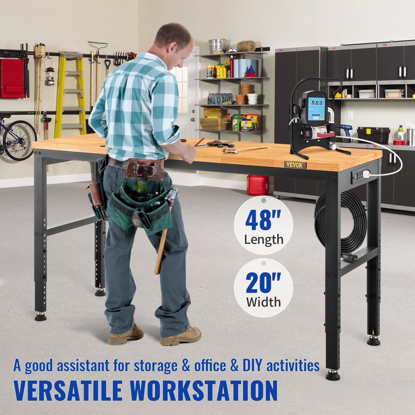 VEVOR Adjustable Workbench, 1220 x 508 x 968 mm Garage Table with 719-968 mm Heights & 900 kg Load Capacity, with Power Outlets & Hardwood Top & Metal Frame & Foot Pads, for Office Home and Garage