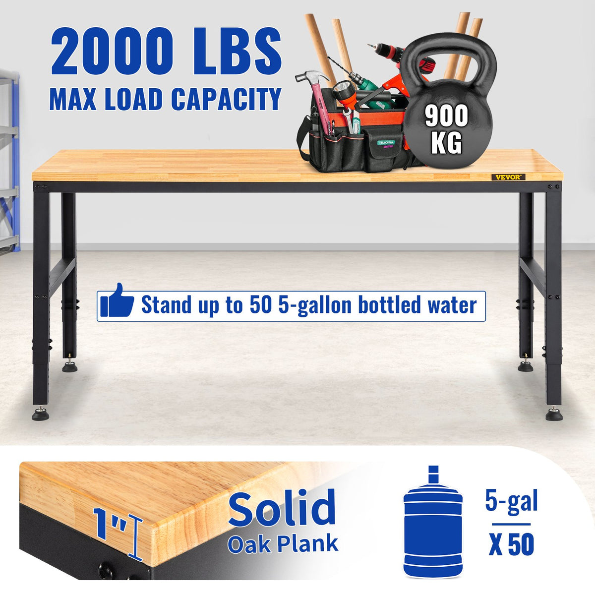 VEVOR Adjustable Workbench, 1220 x 508 x 968 mm Garage Table with 719-968 mm Heights & 900 kg Load Capacity, with Power Outlets & Hardwood Top & Metal Frame & Foot Pads, for Office Home and Garage