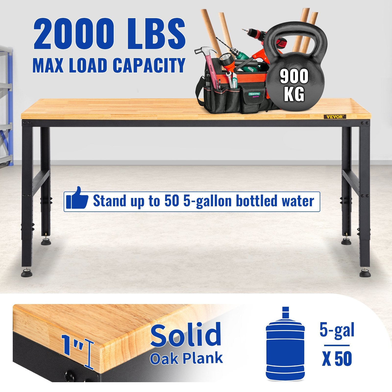 VEVOR Adjustable Workbench, 1220 x 508 x 968 mm Garage Table with 719-968 mm Heights & 900 kg Load Capacity, with Power Outlets & Hardwood Top & Metal Frame & Foot Pads, for Office Home and Garage