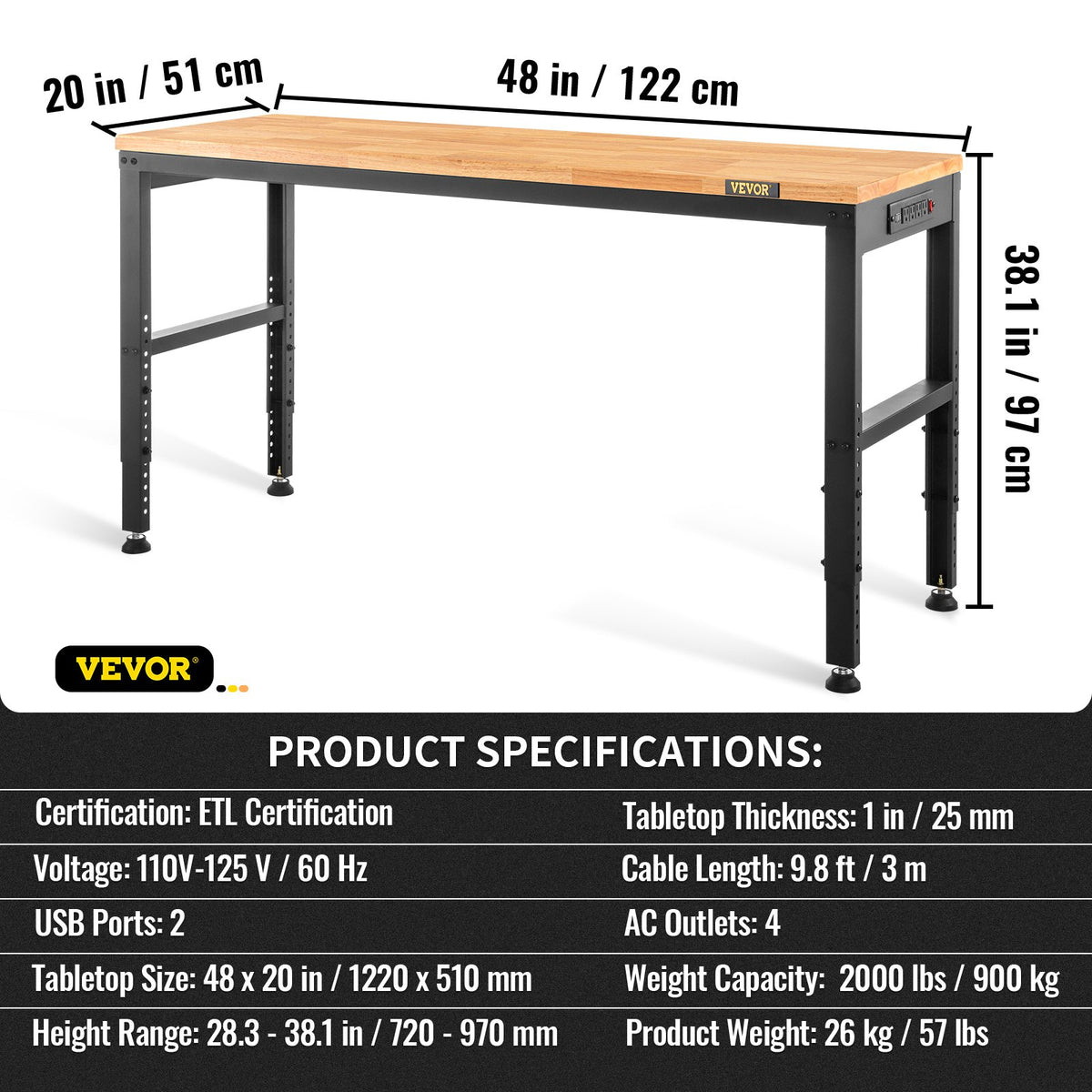 VEVOR Adjustable Workbench, 1220 x 508 x 968 mm Garage Table with 719-968 mm Heights & 900 kg Load Capacity, with Power Outlets & Hardwood Top & Metal Frame & Foot Pads, for Office Home and Garage