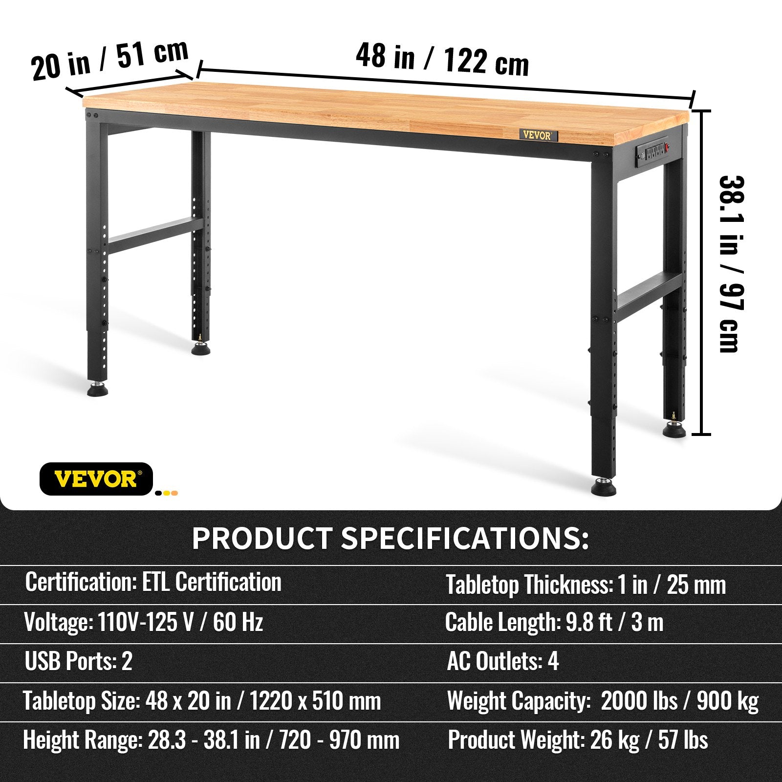 VEVOR Adjustable Workbench, 1220 x 508 x 968 mm Garage Table with 719-968 mm Heights & 900 kg Load Capacity, with Power Outlets & Hardwood Top & Metal Frame & Foot Pads, for Office Home and Garage