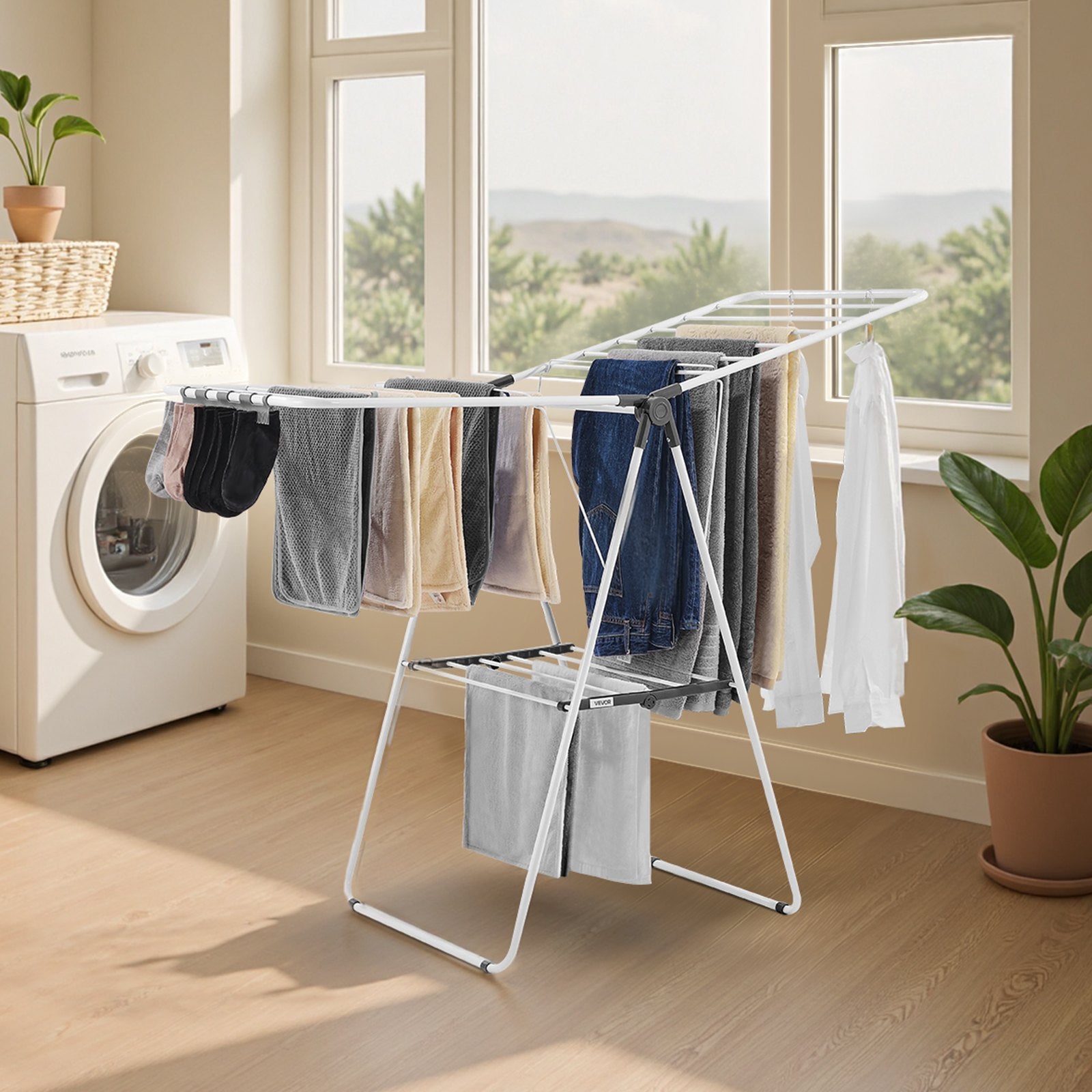 VEVOR 2-Tier Foldable Clothes Drying Rack with Sock Clips & 21 Drying Rods White