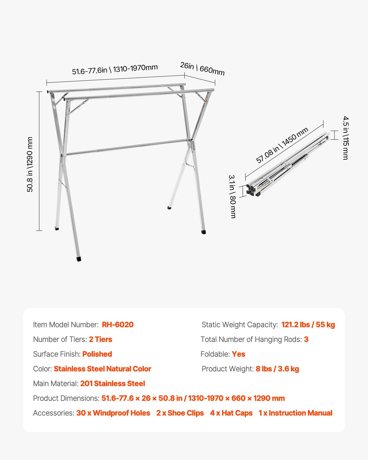 VEVOR 2-Tier Telescopic Clothes Drying Rack w/ 30 Windproof Holes & 2 Shoe Hooks