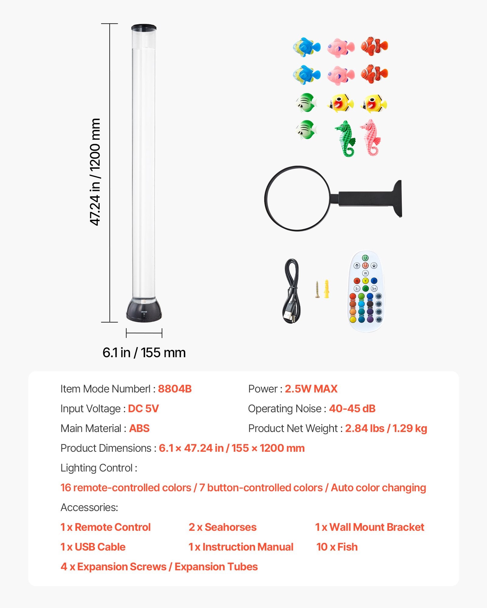 VEVOR Bubble Tube Lamp 16 Color 1.2 m Sensory Aquarium Lamp for Relief Calming