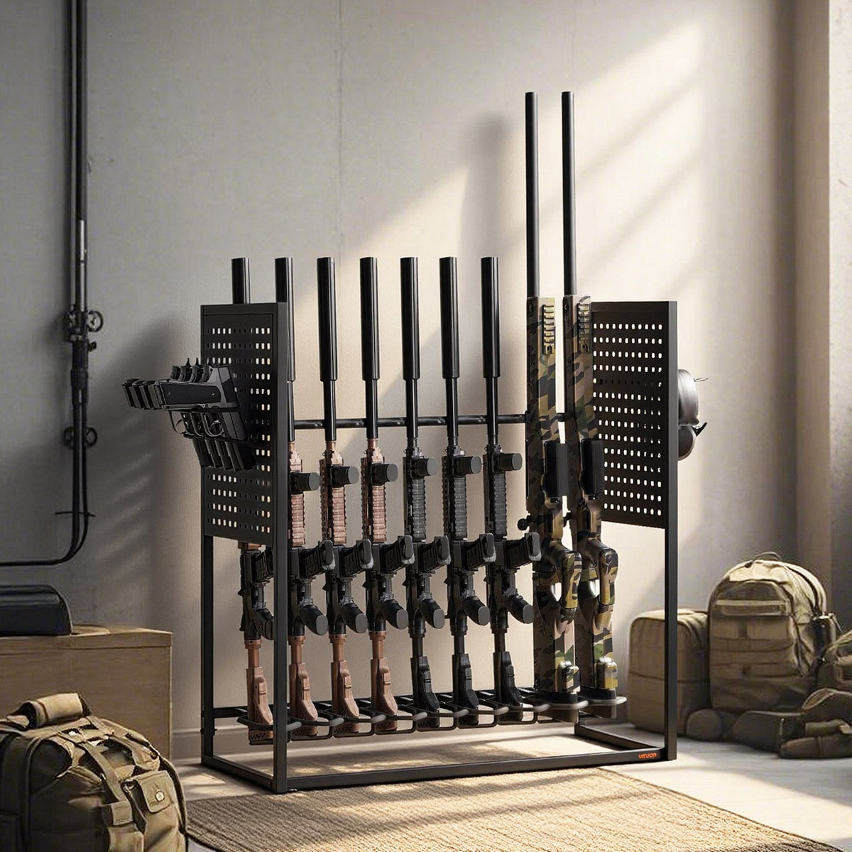 Gun Rack, Floor Standing, Indoor Heavy Duty Steel Rifle Shotgun Rack Stand, Freestanding Gun Display Storage with Magazine Holder, Holds up to 9 Rifles and 4 Pistols, for Home Garage Storage