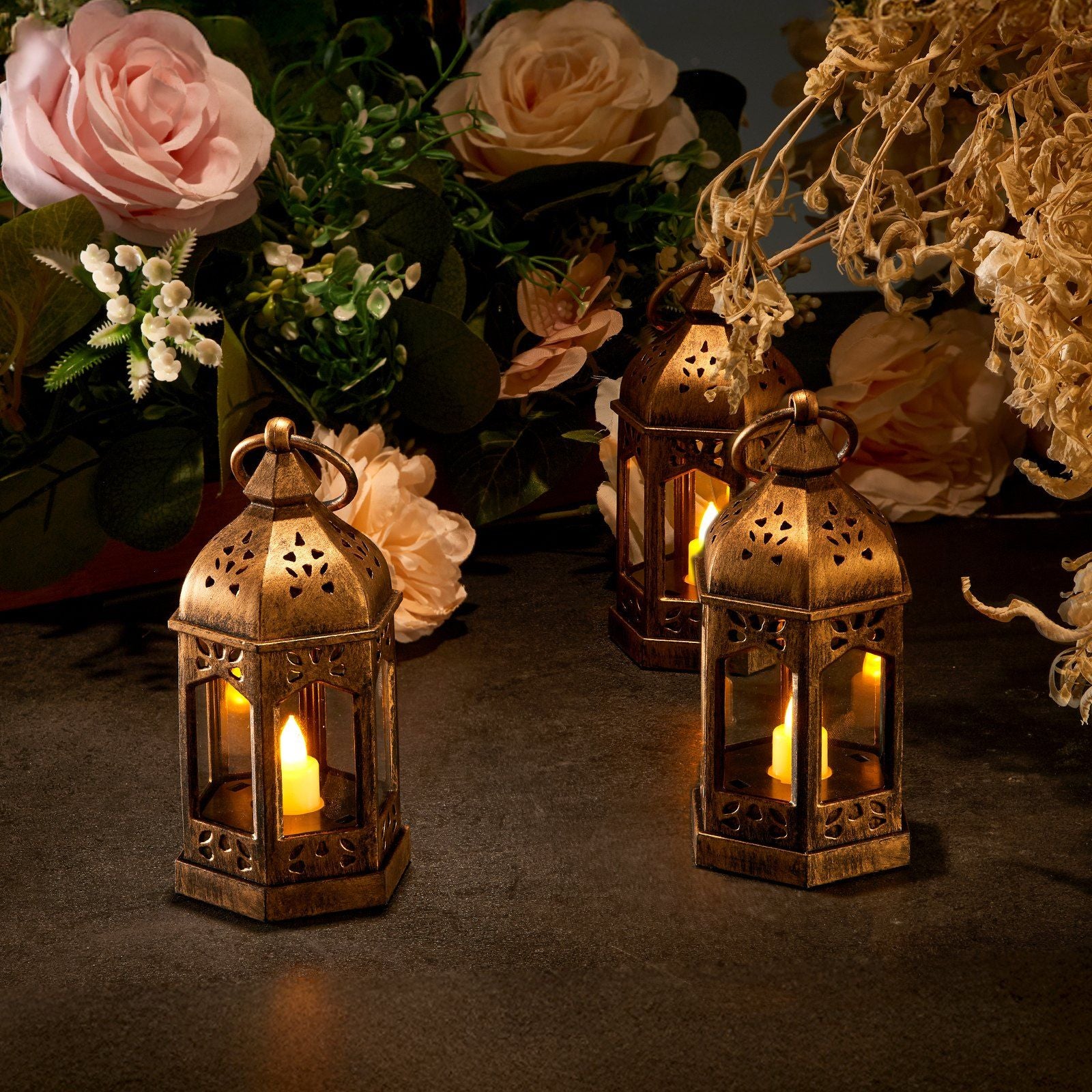 12 Pcs Decorative Candle Lantern, LED Electric Flameless Candle, Plastic LED Holder with Glass, Wall Hanging Indoor Porch Lanterns for Wedding Table Party Farmhouse Indoor Decor, Bronze