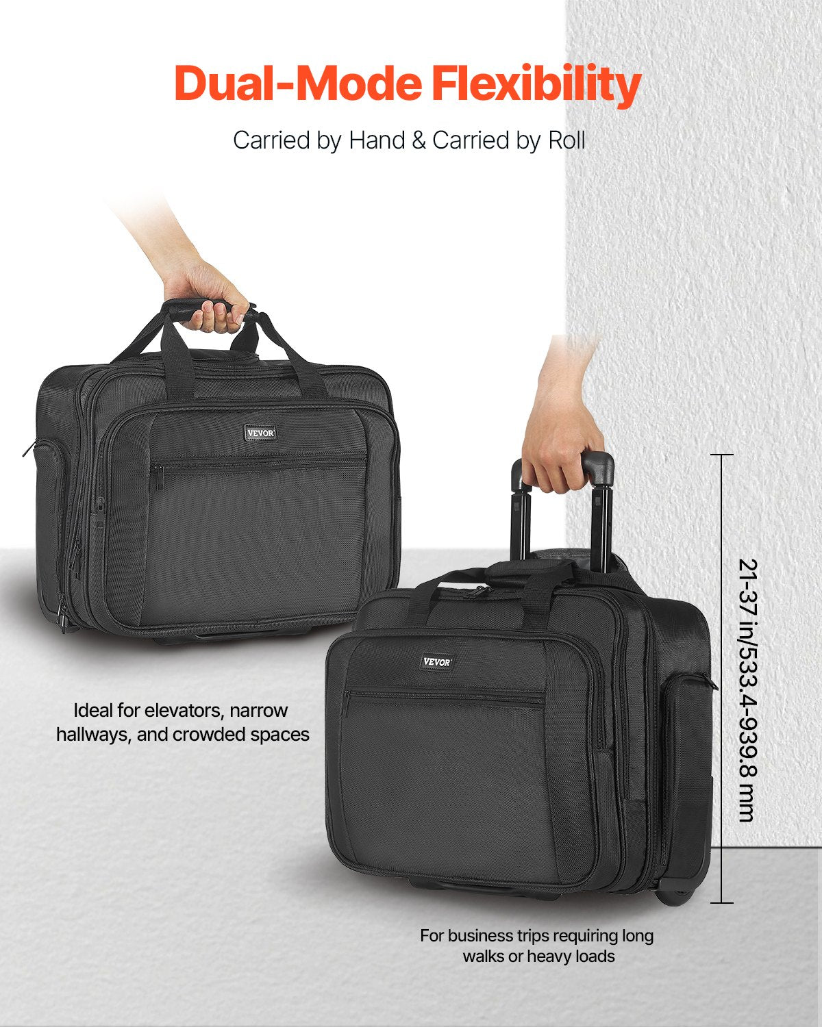 VEVOR Rolling Laptop Bag 43.94 cm Wheeled Computer Bag for Women & Men Black