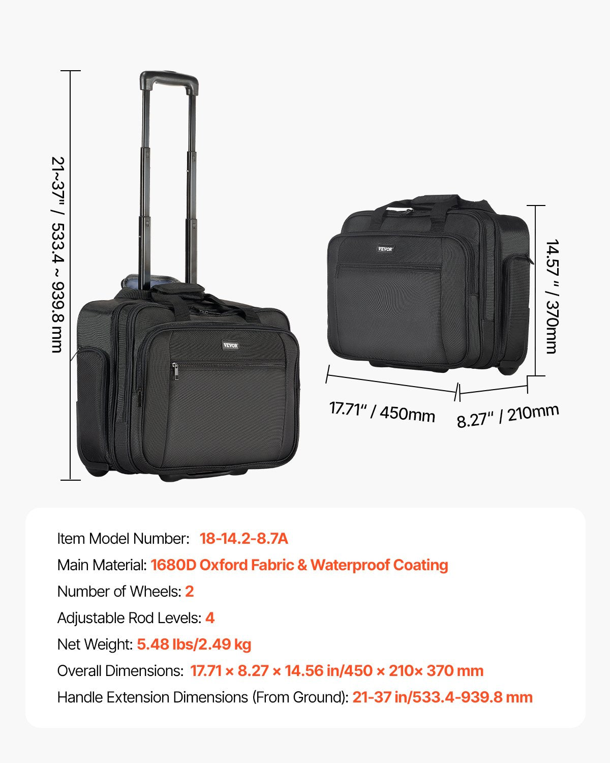 VEVOR Rolling Laptop Bag 43.94 cm Wheeled Computer Bag for Women & Men Black