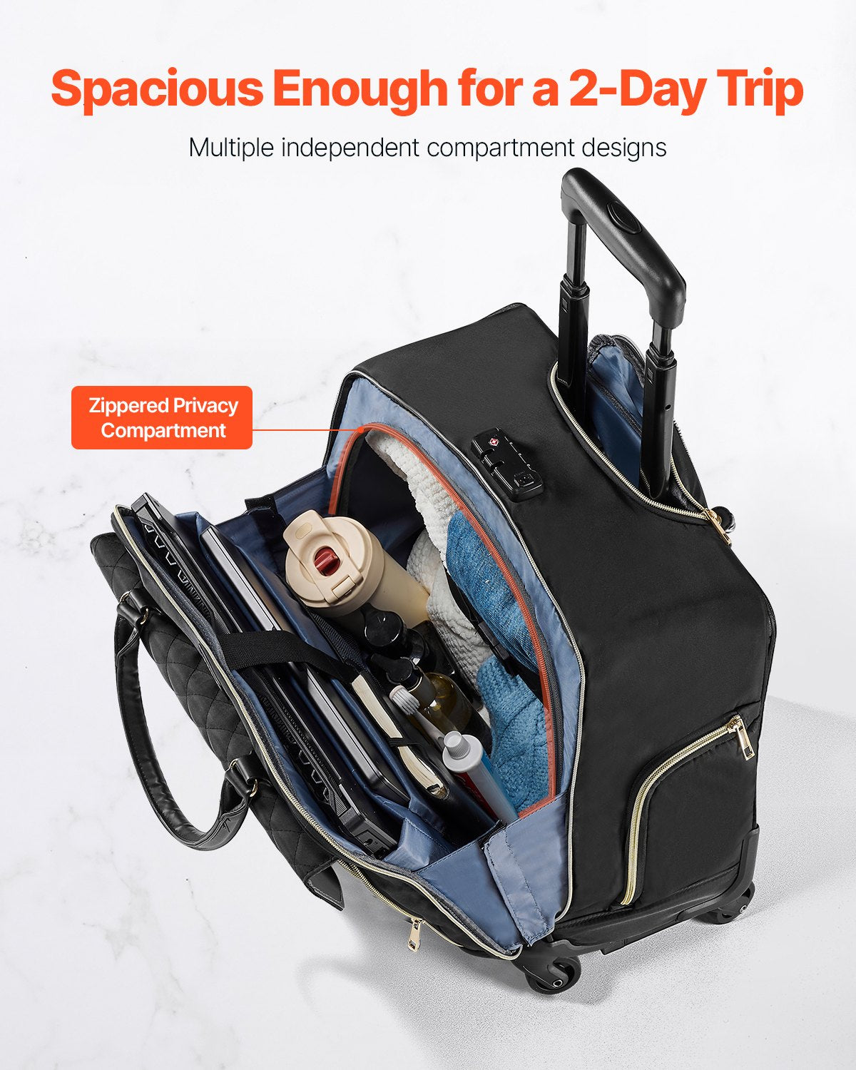 VEVOR Rolling Laptop Bag, Fits Up to 17.3 Inch Laptop, Wheeled Briefcase, Roller Computer Tote Bag with 4 Spinner Wheels & TSA Lock, Laptop Case for Work Travel Business, Women & Men (Black Gold)