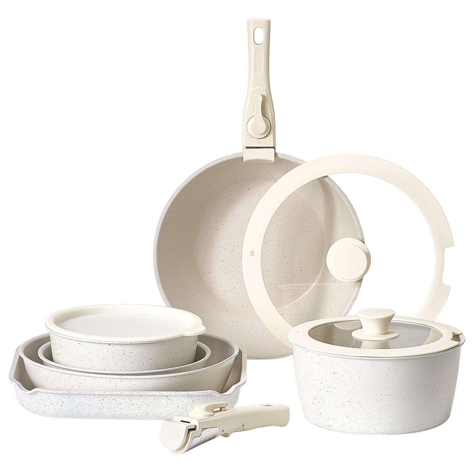 17 Piece Pots and Pans Set Nonstick, Detachable Handle Cookware, Space Saving Induction cookware set, Kitchen RV Cooking Sets, with Frying, Sauce, Saute, Tempered Glass Lids, Oven Safe, White