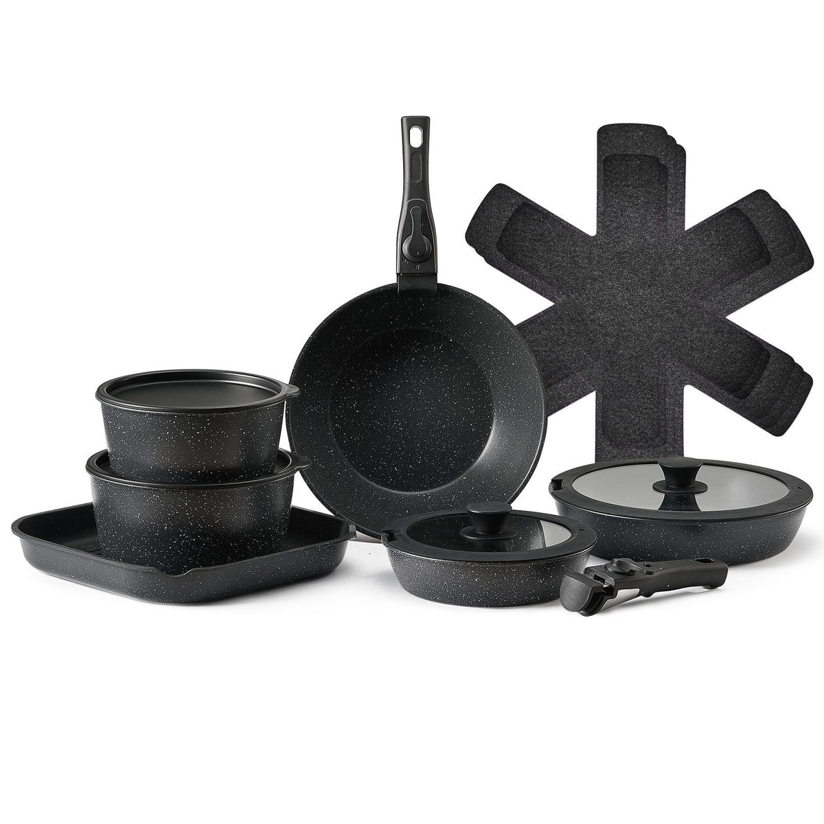 17 Piece Pots and Pans Set, Granite Nonstick Detachable Handle Cookware, Space Saving Induction Cookwares, Kitchen RV Cooking Sets with Frying, Sauce, Saute, Tempered Glass Lid, Oven Safe, Black