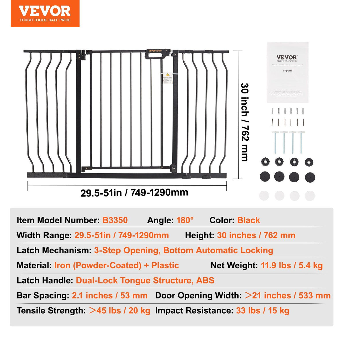Baby Gate, 749-1346 mm Extra Wide, 762 mm High, Dog Gate for Stairs Doorways and House, Easy Step Walk Thru Auto Close Child Gate Pet Security Gate with Pressure Mount and Wall Mount Kit, Black