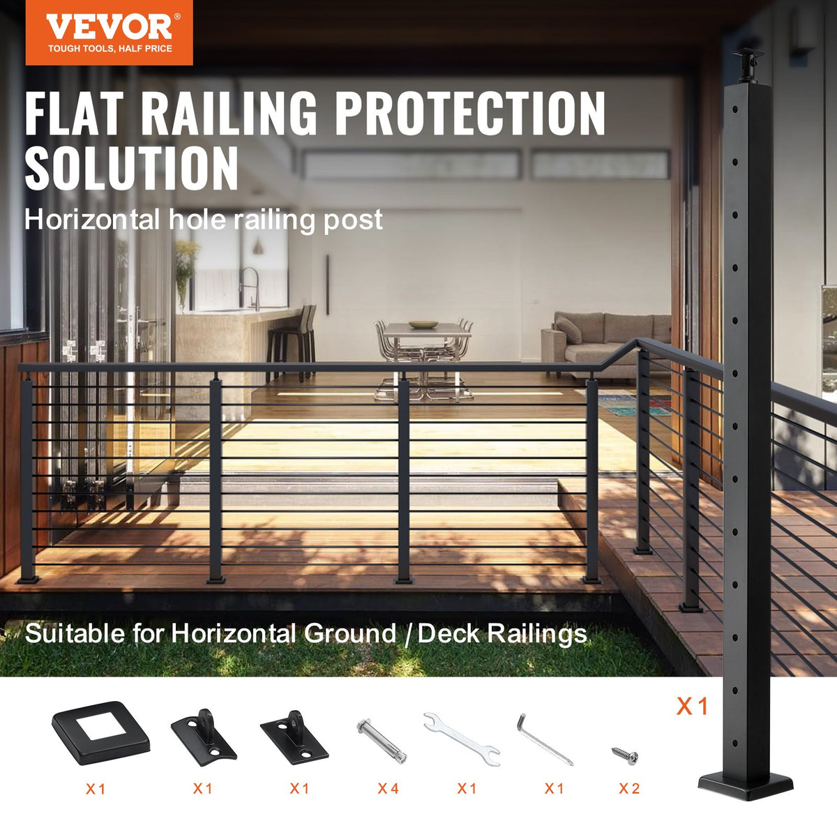 VEVOR Cable Railing Post Level Deck Stair Post 42 x 1.97 x 1.97" Cable Handrail Post Stainless Steel Brushed Finishing Deck Railing Pre-Drilled Pickets with Mounting Bracket Stair Railing Kit Black 106.7*5*5cm