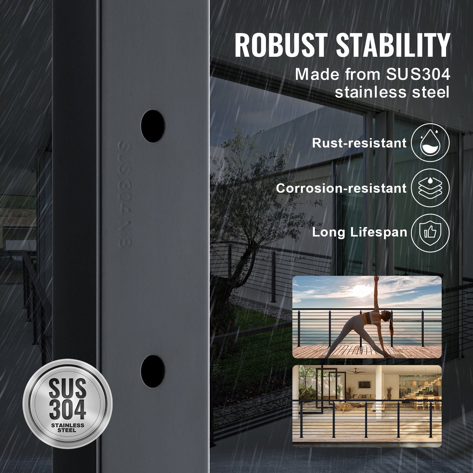 VEVOR Cable Railing Post Level Deck Stair Post 42 x 1.97 x 1.97" Cable Handrail Post Stainless Steel Brushed Finishing Deck Railing Pre-Drilled Pickets with Mounting Bracket Stair Railing Kit Black 106.7*5*5cm