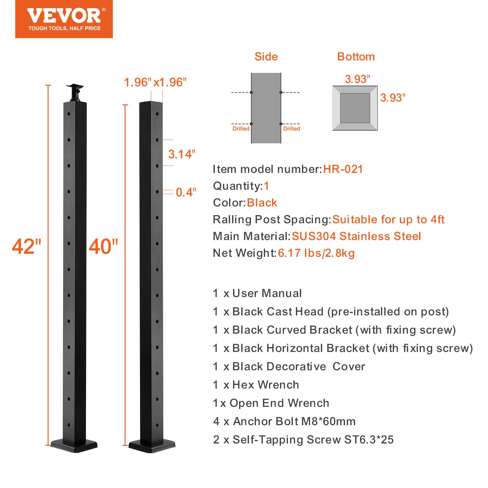 VEVOR Cable Railing Post Level Deck Stair Post 42 x 1.97 x 1.97" Cable Handrail Post Stainless Steel Brushed Finishing Deck Railing Pre-Drilled Pickets with Mounting Bracket Stair Railing Kit Black 106.7*5*5cm