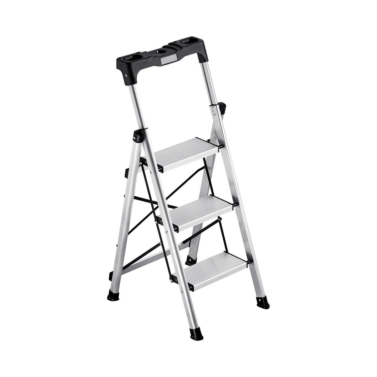 3 Step Ladder, Folding Step Stool with Wide Anti-Slip Pedal and Comfort Handgrip, 150 kg Capacity Portable Aluminum Stepladder, Multi-Use for Kitchen, Warehouse, Household and Office, Silver
