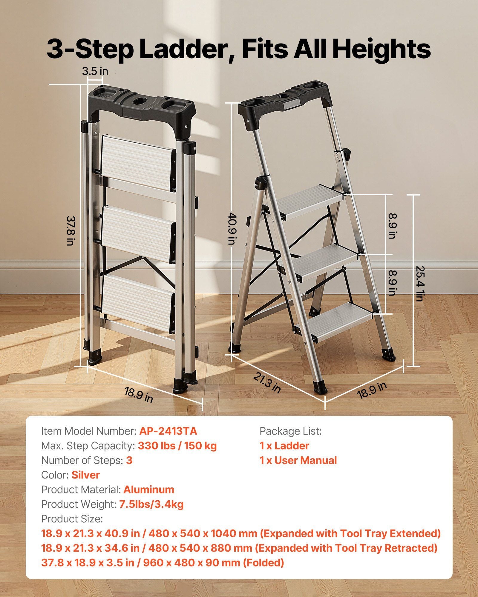 3 Step Ladder, Folding Step Stool with Wide Anti-Slip Pedal and Comfort Handgrip, 150 kg Capacity Portable Aluminum Stepladder, Multi-Use for Kitchen, Warehouse, Household and Office, Silver