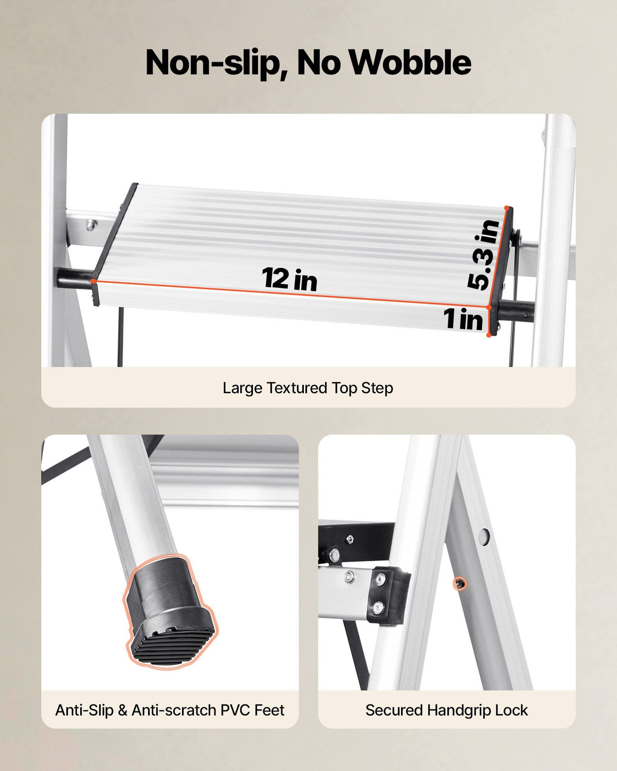 3 Step Ladder, Folding Step Stool with Wide Anti-Slip Pedal and Comfort Handgrip, 150 kg Capacity Portable Aluminum Stepladder, Multi-Use for Kitchen, Warehouse, Household and Office, Silver