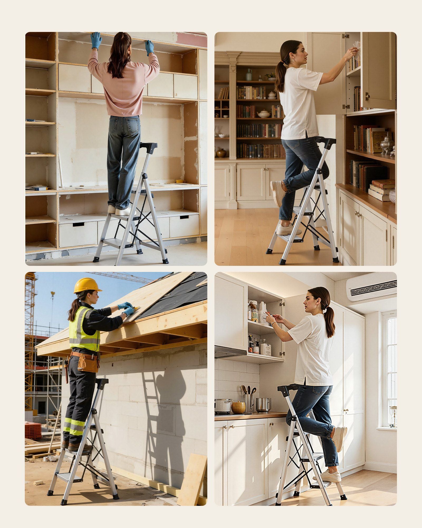 3 Step Ladder, Folding Step Stool with Wide Anti-Slip Pedal and Comfort Handgrip, 150 kg Capacity Portable Aluminum Stepladder, Multi-Use for Kitchen, Warehouse, Household and Office, Silver