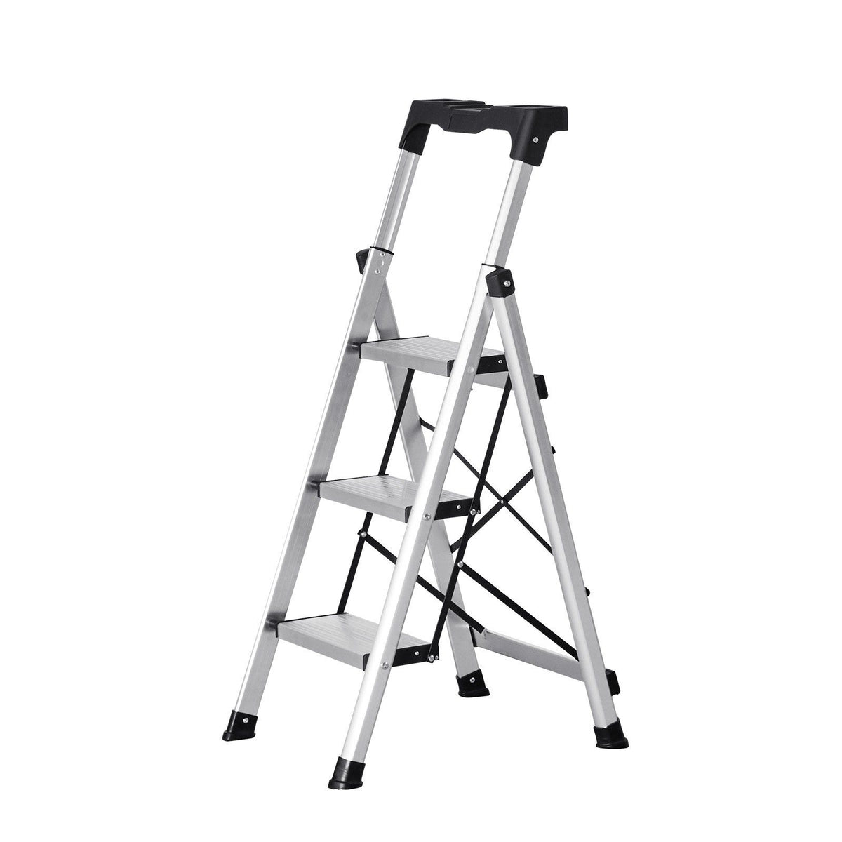 3 Step Ladder, Folding Step Stool with Wide Anti-Slip Pedal and Comfort Handgrip, 150 kg Capacity Portable Aluminum Stepladder, Multi-Use for Kitchen, Warehouse, Household and Office, Silver