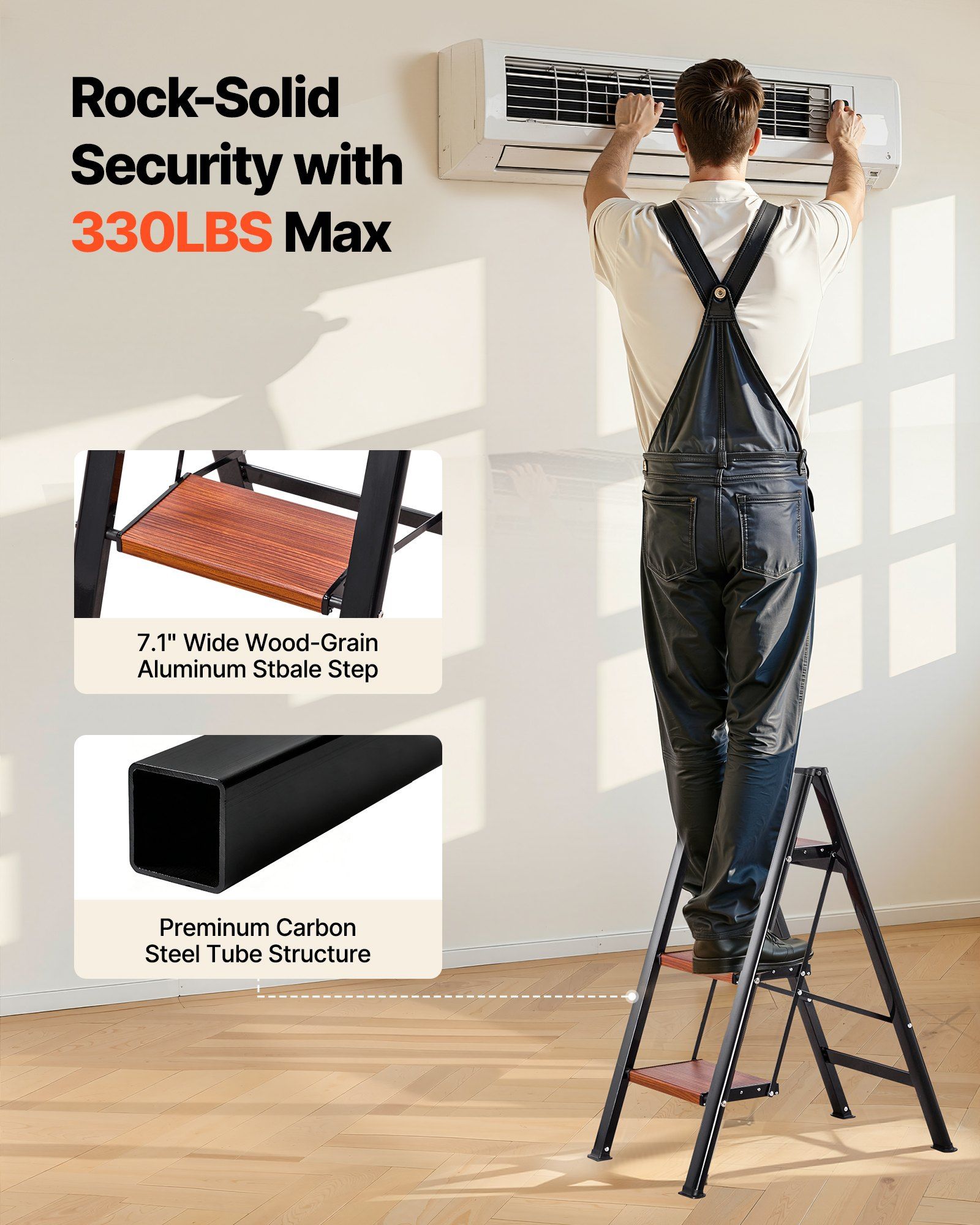 3 Step Ladder, Folding Step Stool with Wide Anti-Slip Pedal and Comfort Handgrip, Lightweight 150 kg Capacity Portable Aluminum Plant Support, Multi-Use for Adults, Home Repairing, Cleaning