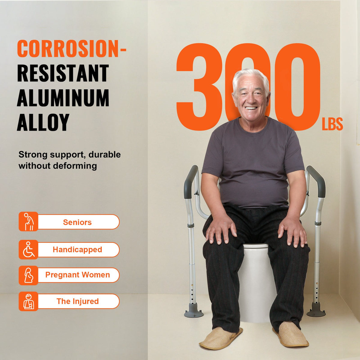 VEVOR Toilet Safety Rail, Bathroom Toilet Seat Frame, Adjustable Width & Height Fit Most Toilets, Supports 136 kg, Toilet Handles Grab Bars with Padded Armrests for Handicap, Disabled, Seniors