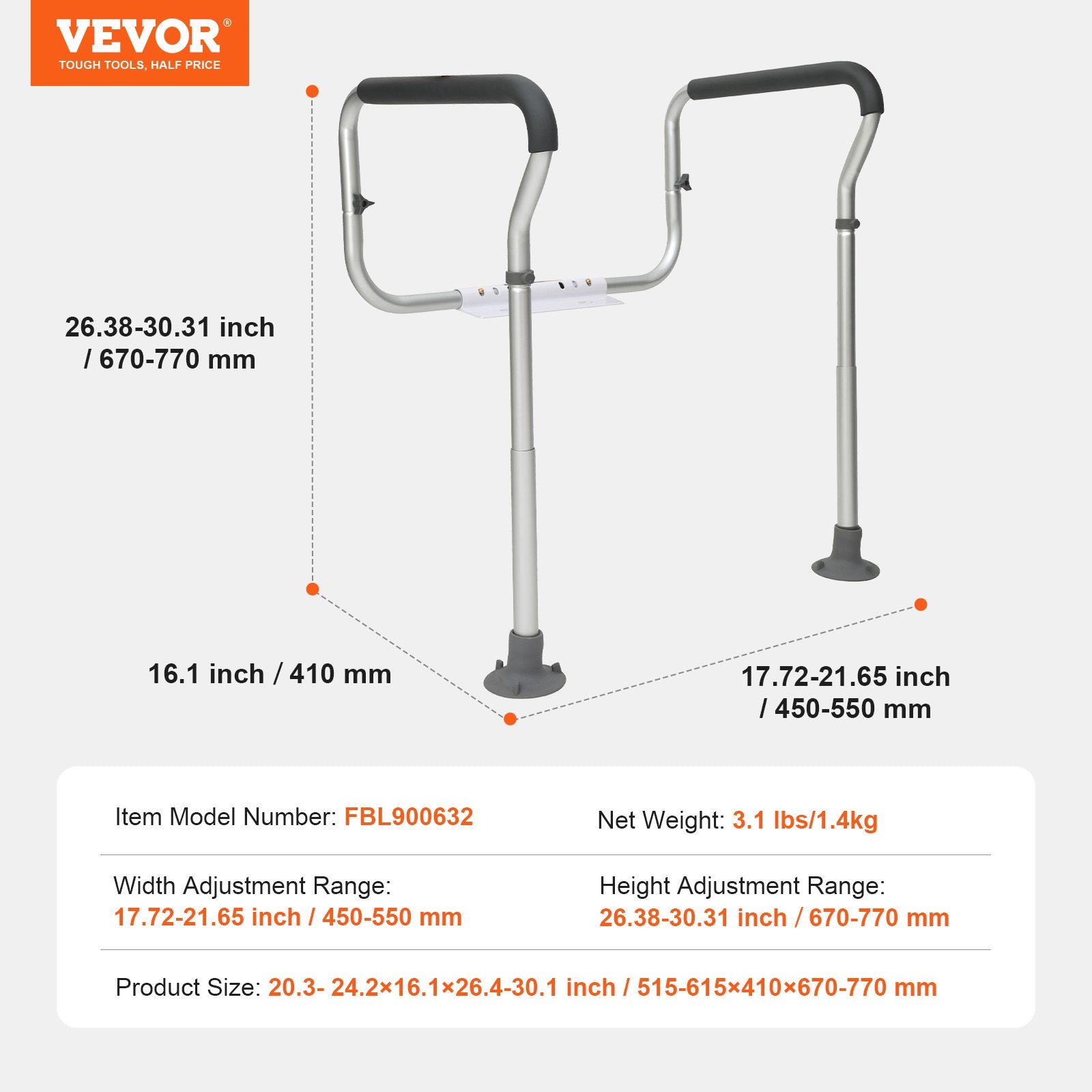 VEVOR Toilet Safety Rail, Bathroom Toilet Seat Frame, Adjustable Width & Height Fit Most Toilets, Supports 136 kg, Toilet Handles Grab Bars with Padded Armrests for Handicap, Disabled, Seniors