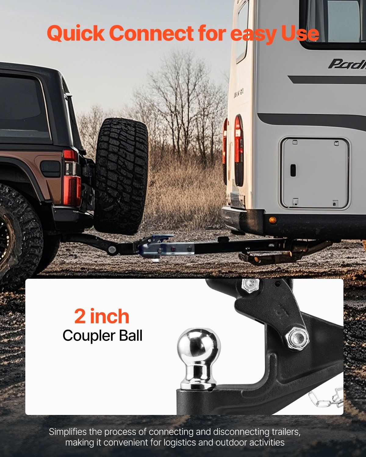 Pintle Hook, 7256 kg Capacity, Pintle Hook Hitch for 50.4 mm Hitch Hook Military Receiver, Combination 50.4 mm Hitch Ball, Fits 63.5 to 76.2 mm Lunette Ring, 397 mm Length, Black Powder Coat