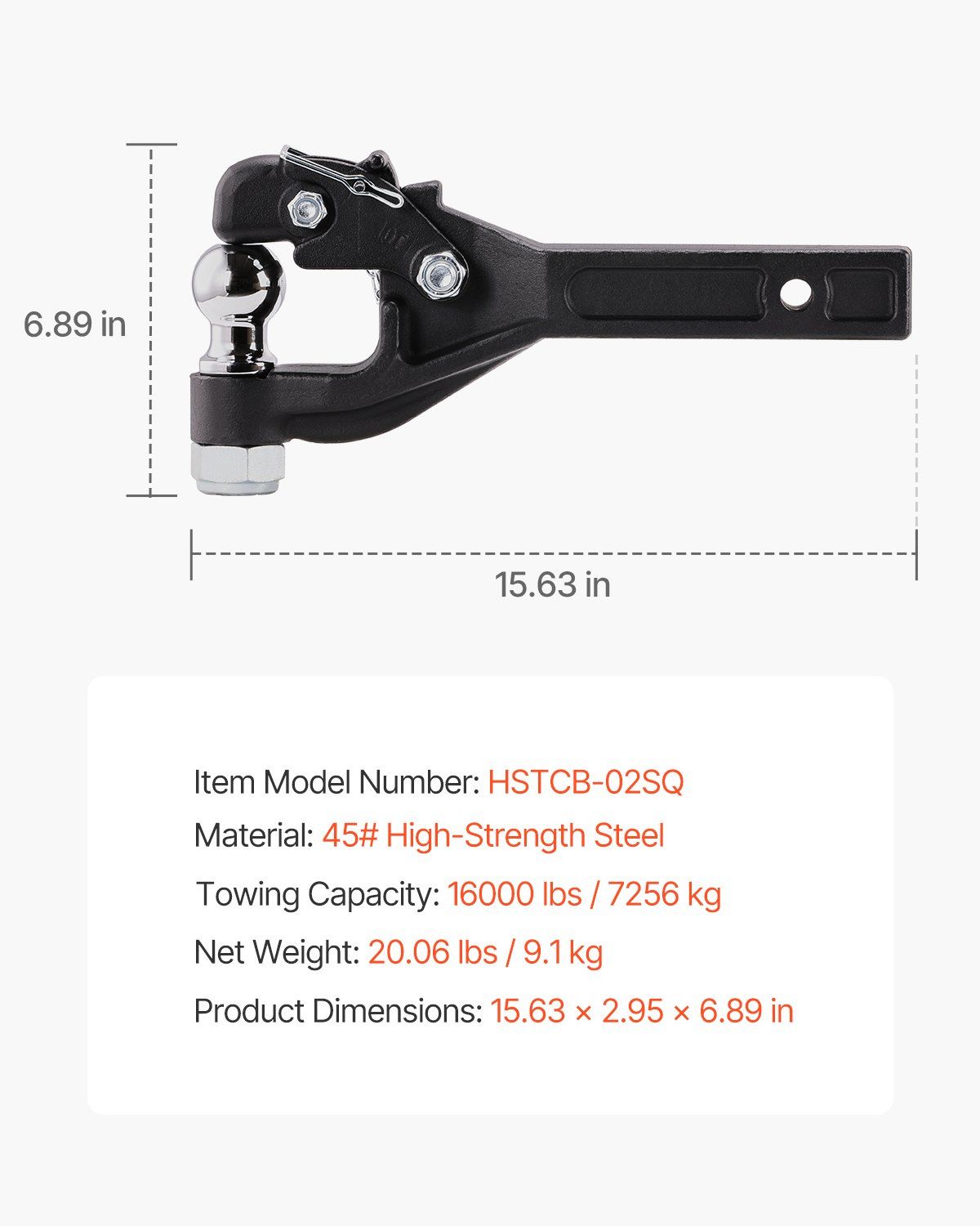 Pintle Hook, 7256 kg Capacity, Pintle Hook Hitch for 50.4 mm Hitch Hook Military Receiver, Combination 50.4 mm Hitch Ball, Fits 63.5 to 76.2 mm Lunette Ring, 397 mm Length, Black Powder Coat