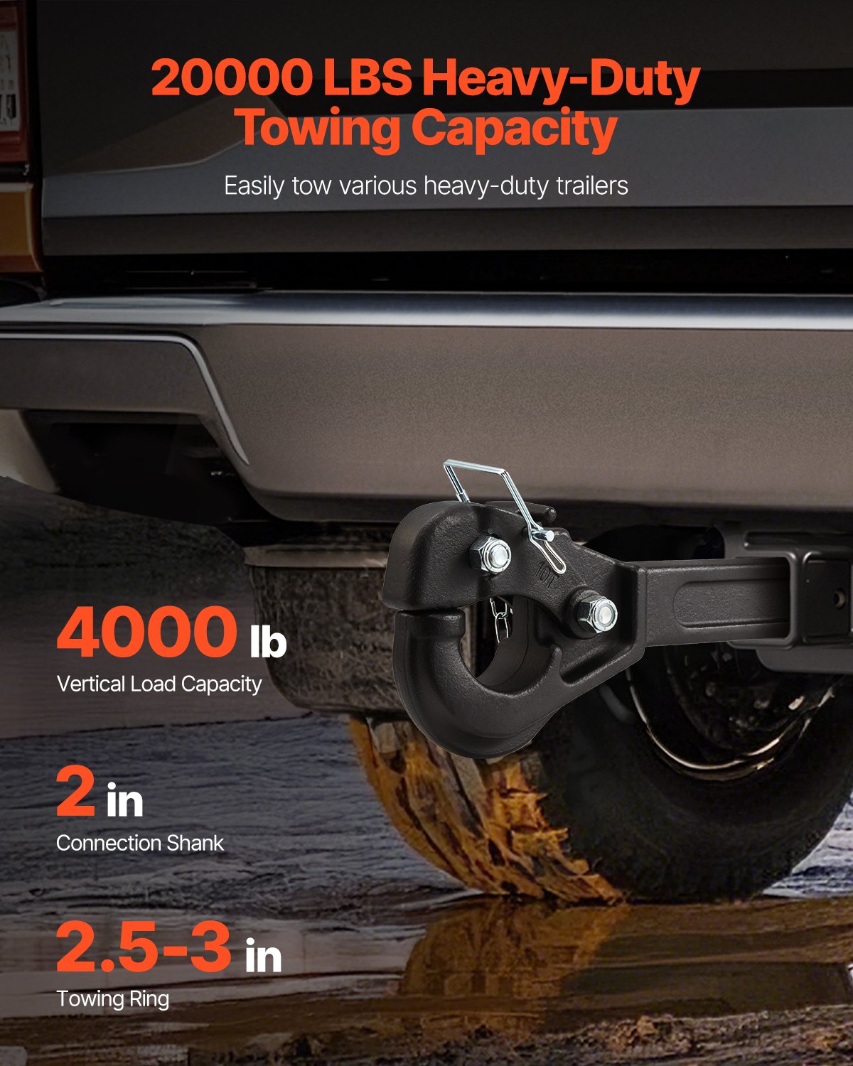 VEVOR Pintle Hitch 50.4 mm Receiver Hook 63.5 - 76.2 mm Lunette Ring 9070 kg