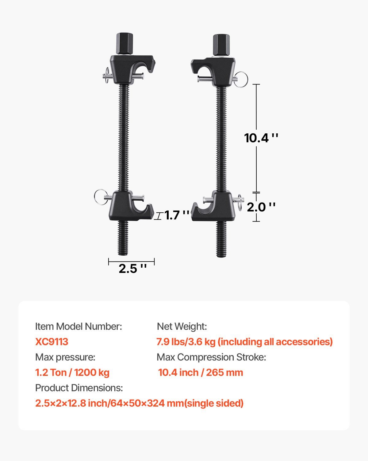 Strut Spring Compressor, 2 Pack, Heavy Duty Coil Spring Compressor Tool with 10.4 Inches(256 mm) Range, Compatible with 0.86 inches(22 mm) Hex Sockets, Fit for Car Truck Motorcycle, Black