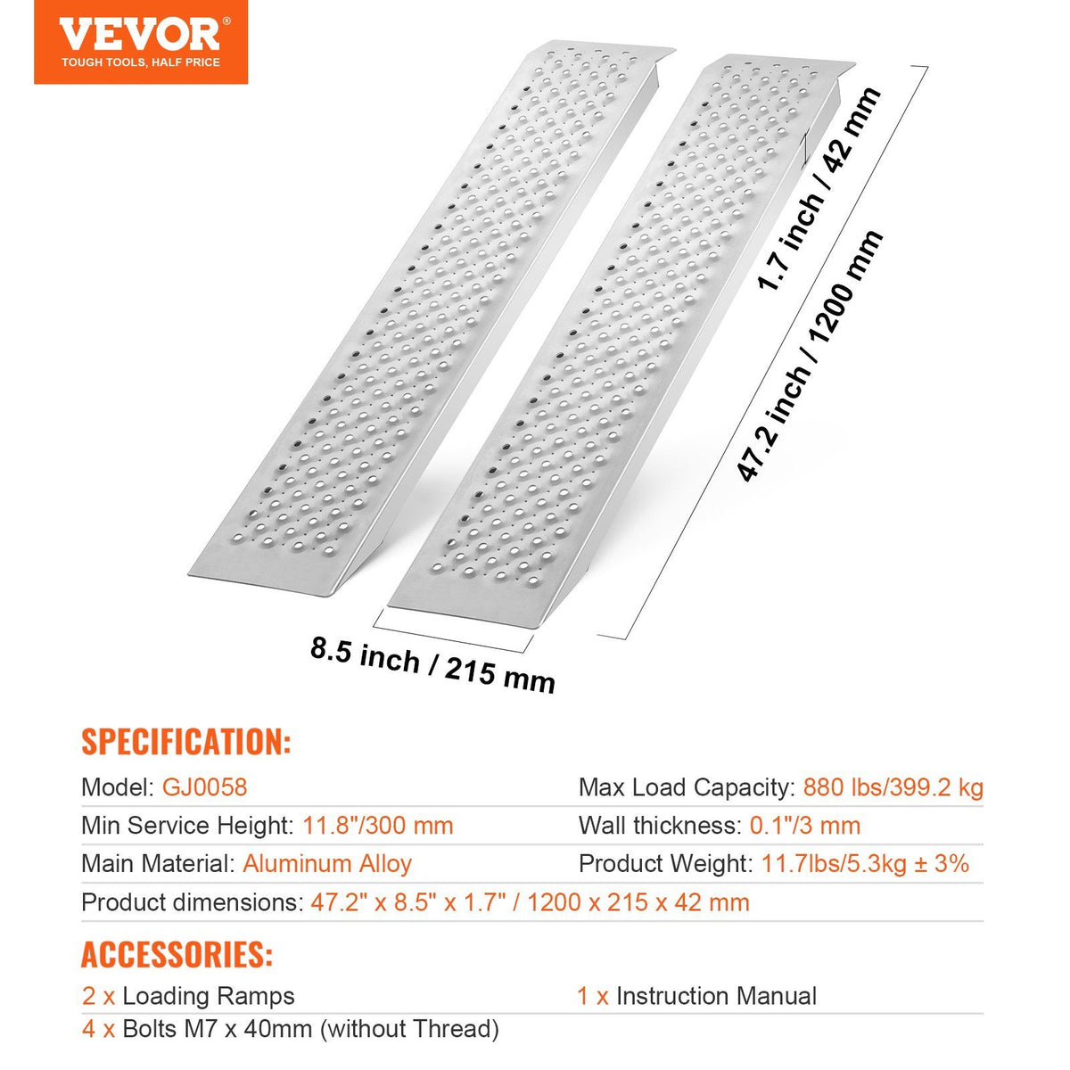 Portable Loading Ramps, 2 Pcs 1200 x 215 mm, Durable Aluminum Shed Ramp Set with Anti-Slip Holes, Compact Design and Easy Storage, 399.2 kg Weight Capacity, for ATV, Tractors, Lawn Mowers, Carts