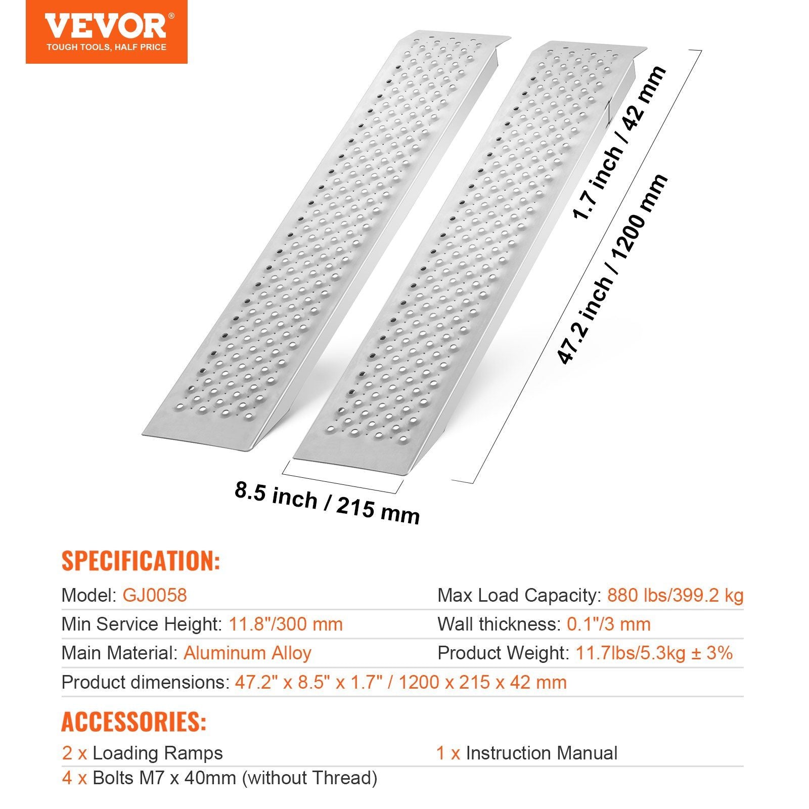 Portable Loading Ramps, 2 Pcs 1200 x 215 mm, Durable Aluminum Shed Ramp Set with Anti-Slip Holes, Compact Design and Easy Storage, 399.2 kg Weight Capacity, for ATV, Tractors, Lawn Mowers, Carts
