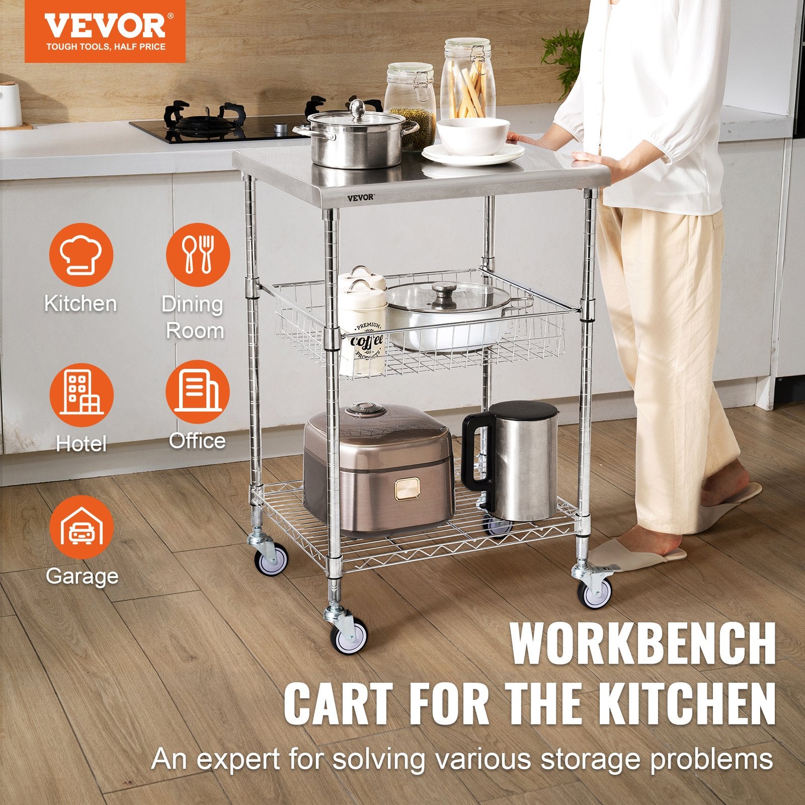VEVOR Kitchen Utility Cart, 3 Tiers, Wire Rolling Cart with 213kg Capacity, Steel Service Cart on Wheels, Metal Storage Trolley with 76mm Basket Curved Handle PP Liner 6 Hooks, for Indoor and Outdoor