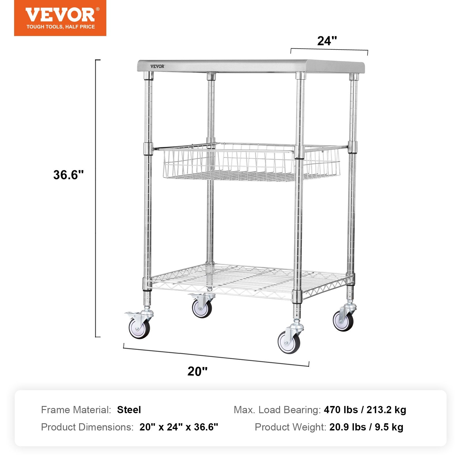 VEVOR Kitchen Utility Cart, 3 Tiers, Wire Rolling Cart with 213kg Capacity, Steel Service Cart on Wheels, Metal Storage Trolley with 76mm Basket Curved Handle PP Liner 6 Hooks, for Indoor and Outdoor