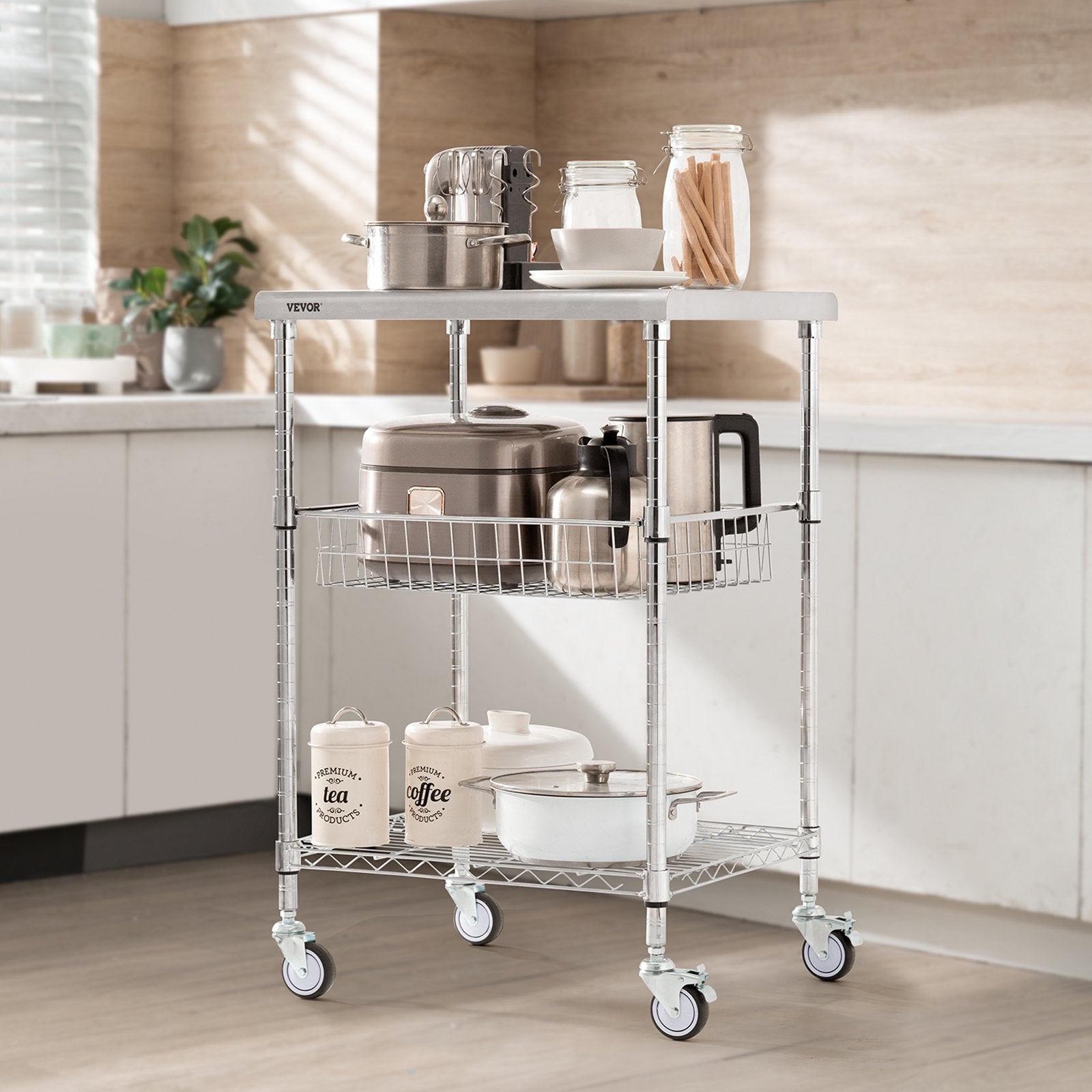 VEVOR Kitchen Utility Cart, 3 Tiers, Wire Rolling Cart with 213kg Capacity, Steel Service Cart on Wheels, Metal Storage Trolley with 76mm Basket Curved Handle PP Liner 6 Hooks, for Indoor and Outdoor