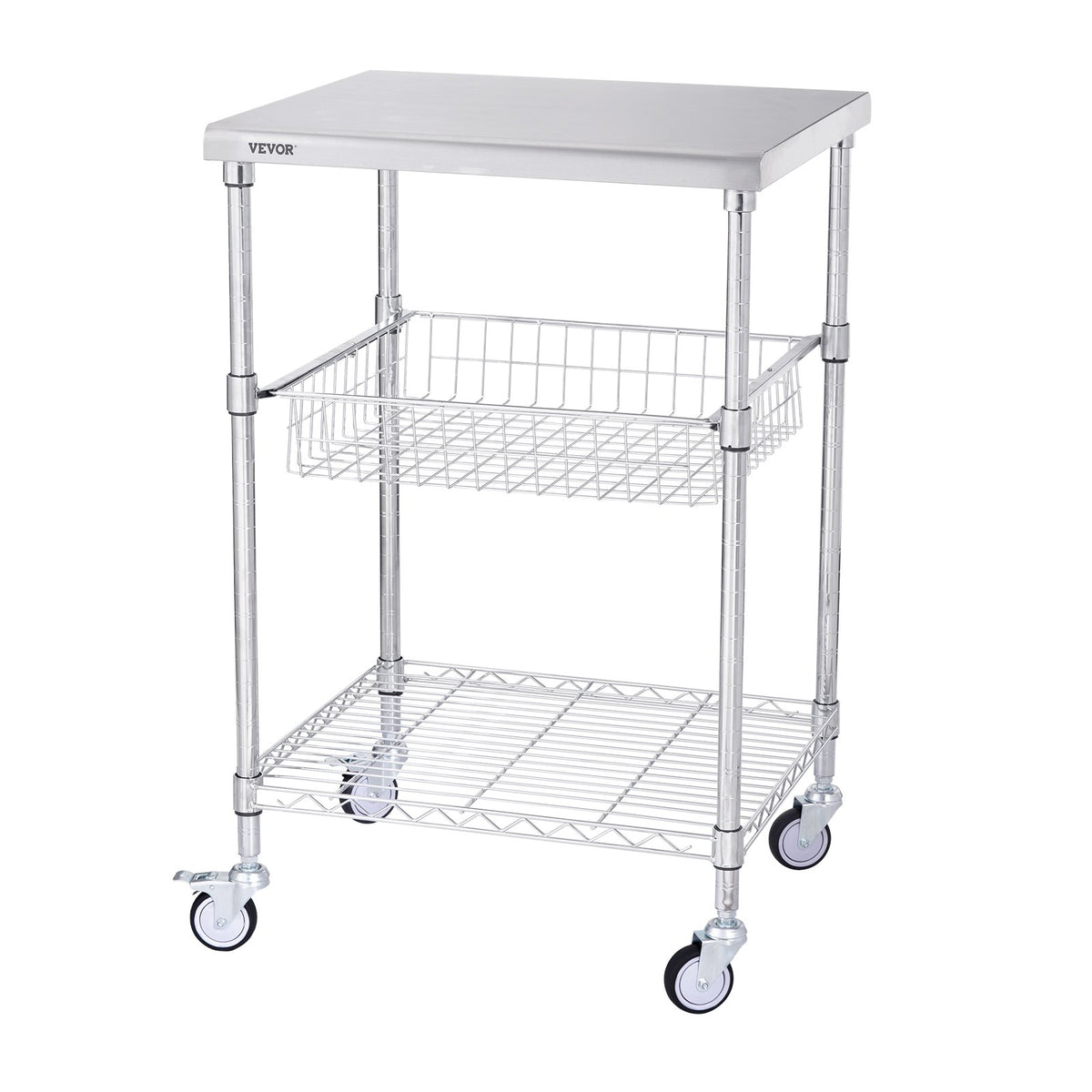 VEVOR Kitchen Utility Cart, 3 Tiers, Wire Rolling Cart with 213kg Capacity, Steel Service Cart on Wheels, Metal Storage Trolley with 76mm Basket Curved Handle PP Liner 6 Hooks, for Indoor and Outdoor