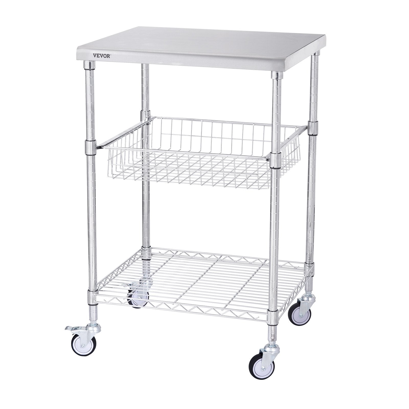 VEVOR Kitchen Utility Cart, 3 Tiers, Wire Rolling Cart with 213kg Capacity, Steel Service Cart on Wheels, Metal Storage Trolley with 76mm Basket Curved Handle PP Liner 6 Hooks, for Indoor and Outdoor