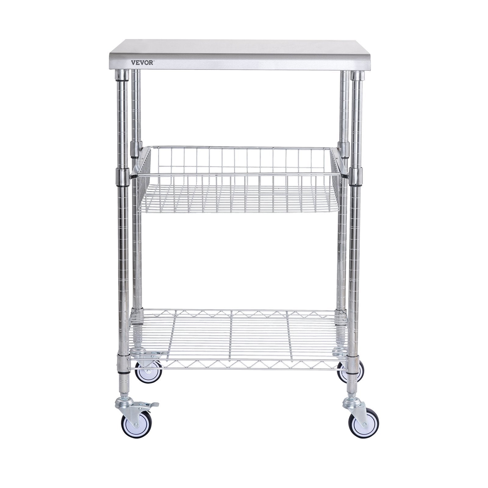 VEVOR Kitchen Utility Cart, 3 Tiers, Wire Rolling Cart with 213kg Capacity, Steel Service Cart on Wheels, Metal Storage Trolley with 76mm Basket Curved Handle PP Liner 6 Hooks, for Indoor and Outdoor