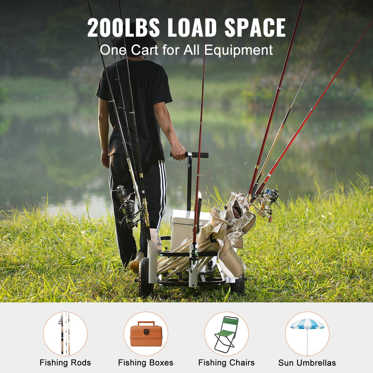 VEVOR Beach Fishing Cart, 91 kg Load Capacity, Fish and Marine Cart with Two 275 mm Big Wheels Rubber Balloon Tires for Sand, Heavy-Duty Steel Pier Wagon Trolley with 7 Rod Holders for Fishing, Picnic