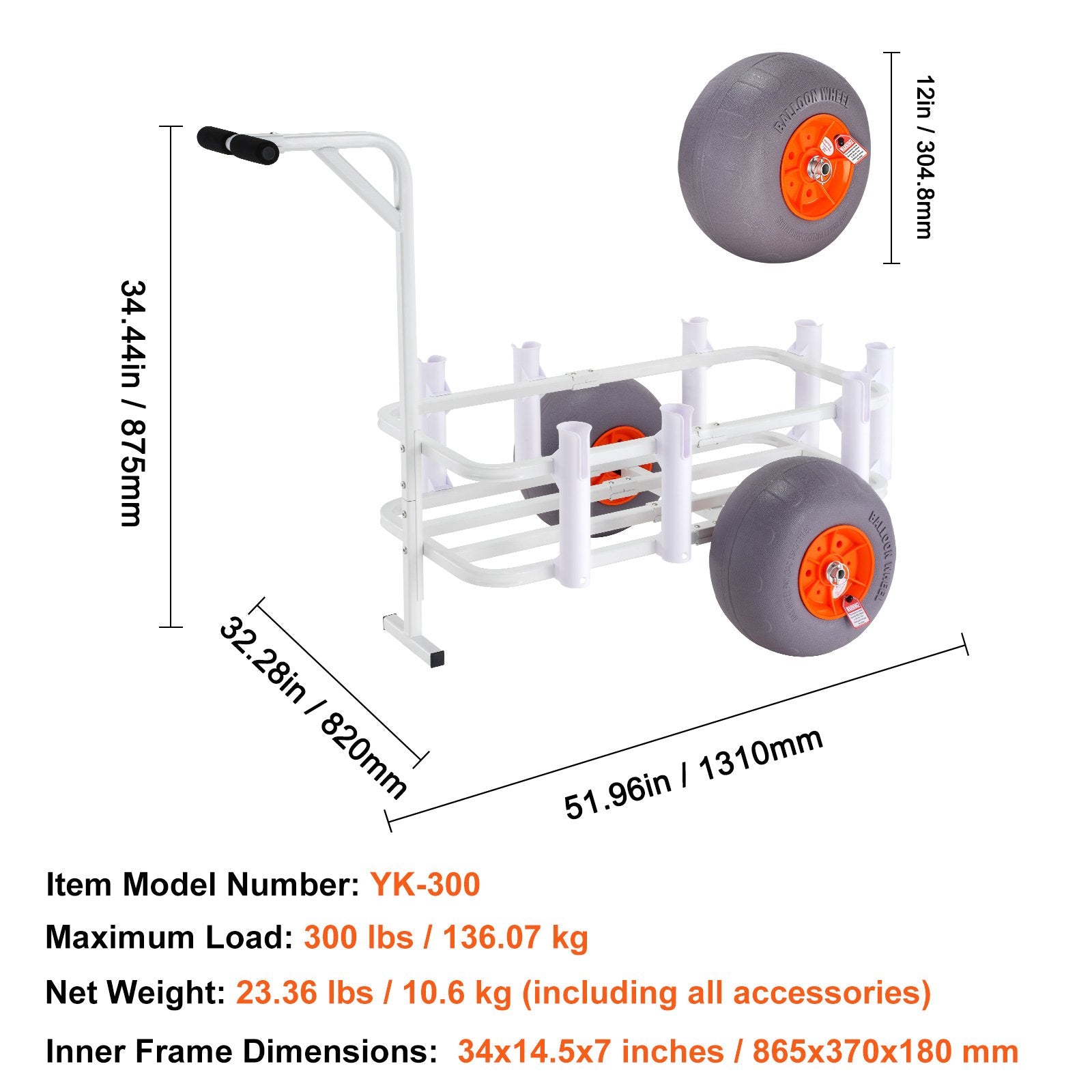 VEVOR Beach Fishing Cart, 136 kg Load Capacity, Fish and Marine Cart with Two 330 mm Big Wheels PU Balloon Tires for Sand, Heavy-Duty Aluminum Pier Wagon Trolley with 8 Rod Holders for Fishing, Picnic